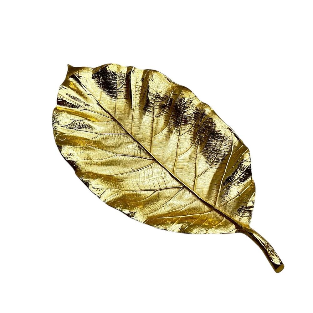 2 Gold Leaf Serveware Trays with Detailed Vein Patterns